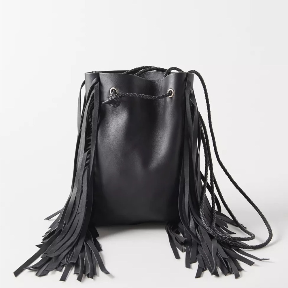 Fringed Black Leather Bag